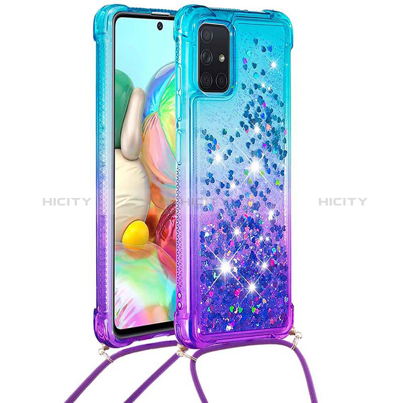 Coque Silicone Housse Etui Gel Bling-Bling avec Laniere Strap S01 pour Samsung Galaxy A71 5G Bleu Ciel Plus