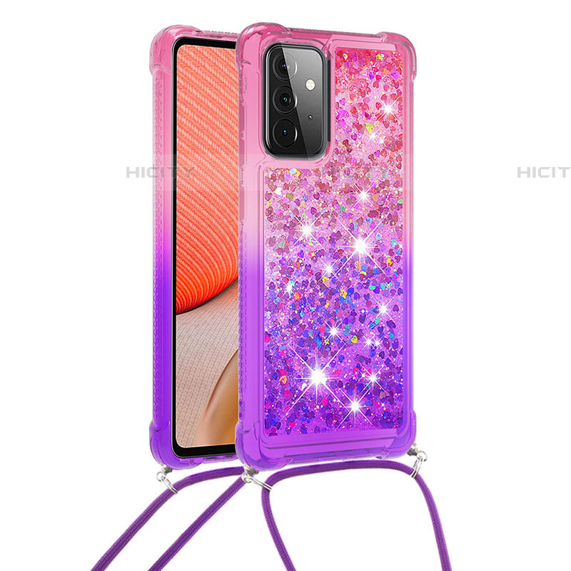 Coque Silicone Housse Etui Gel Bling-Bling avec Laniere Strap S01 pour Samsung Galaxy A72 4G Rose Rouge Plus