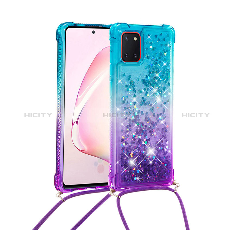 Coque Silicone Housse Etui Gel Bling-Bling avec Laniere Strap S01 pour Samsung Galaxy A81 Bleu Ciel Plus