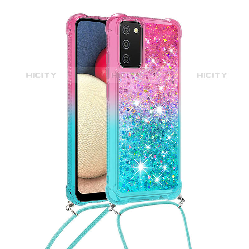 Coque Silicone Housse Etui Gel Bling-Bling avec Laniere Strap S01 pour Samsung Galaxy M02s Rose Plus