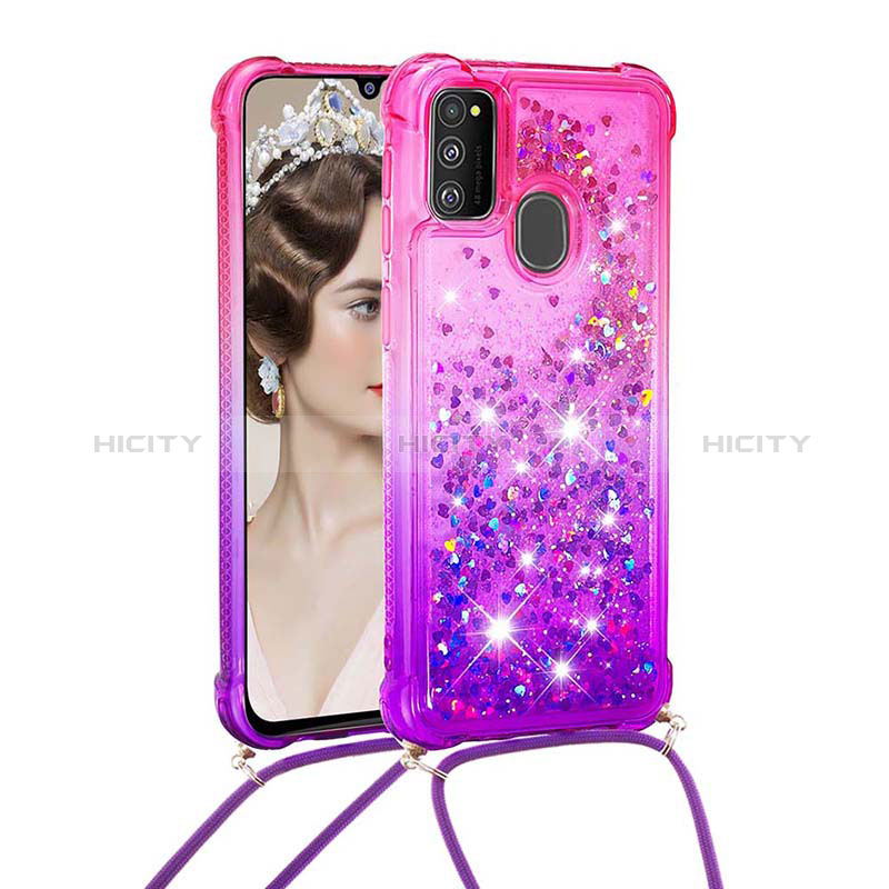 Coque Silicone Housse Etui Gel Bling-Bling avec Laniere Strap S01 pour Samsung Galaxy M30s Rose Rouge Plus