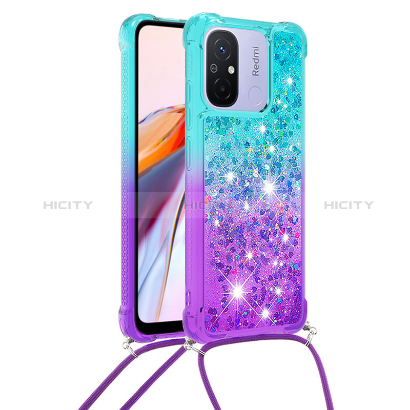 Coque Silicone Housse Etui Gel Bling-Bling avec Laniere Strap S01 pour Xiaomi Poco C55 Bleu Ciel Plus