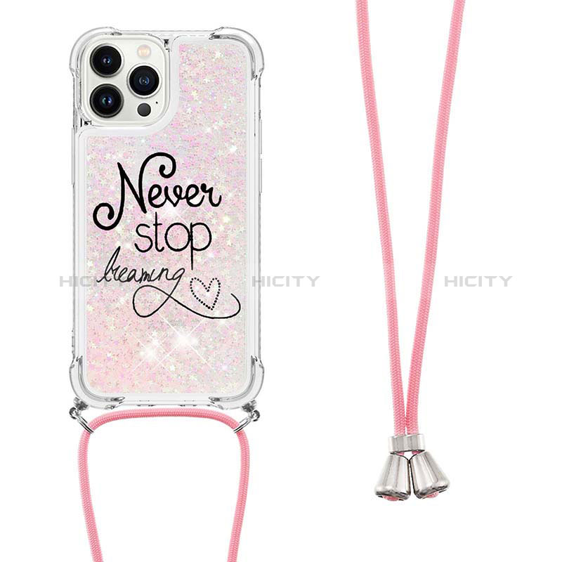 Coque Silicone Housse Etui Gel Bling-Bling avec Laniere Strap S02 pour Apple iPhone 13 Pro Max Or Rose Plus