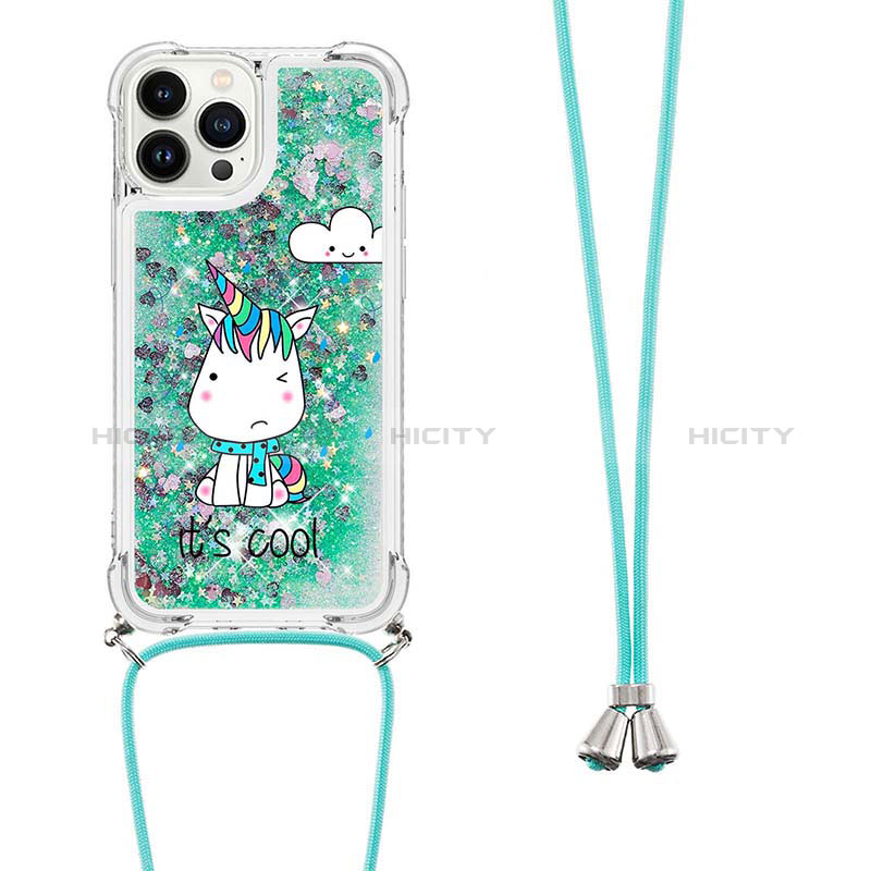 Coque Silicone Housse Etui Gel Bling-Bling avec Laniere Strap S02 pour Apple iPhone 13 Pro Max Vert Plus