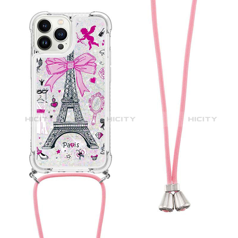 Coque Silicone Housse Etui Gel Bling-Bling avec Laniere Strap S02 pour Apple iPhone 14 Pro Blanc Plus