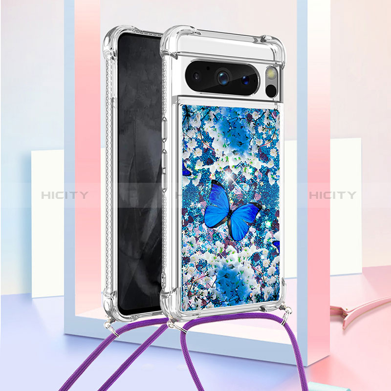 Coque Silicone Housse Etui Gel Bling-Bling avec Laniere Strap S02 pour Google Pixel 8 Pro 5G Bleu Plus