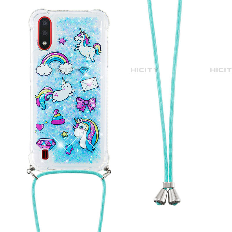 Coque Silicone Housse Etui Gel Bling-Bling avec Laniere Strap S02 pour Samsung Galaxy A01 SM-A015 Bleu Ciel Plus