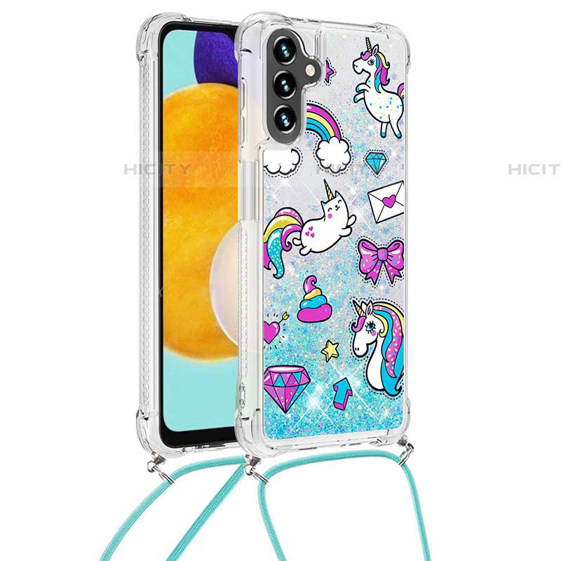 Coque Silicone Housse Etui Gel Bling-Bling avec Laniere Strap S02 pour Samsung Galaxy A04s Bleu Ciel Plus