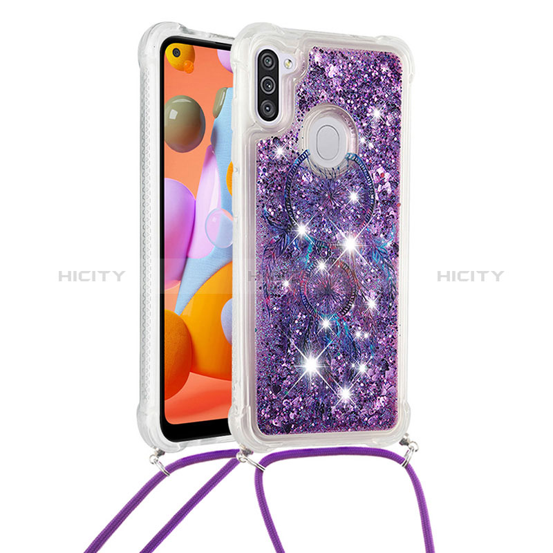 Coque Silicone Housse Etui Gel Bling-Bling avec Laniere Strap S02 pour Samsung Galaxy A11 Violet Plus