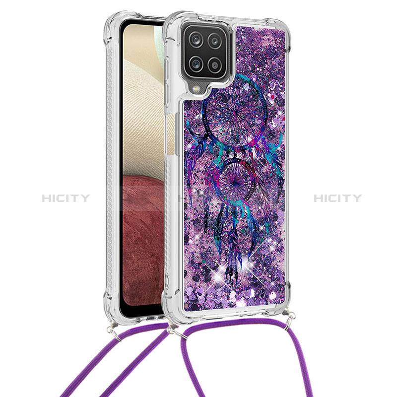 Coque Silicone Housse Etui Gel Bling-Bling avec Laniere Strap S02 pour Samsung Galaxy A12 Violet Plus