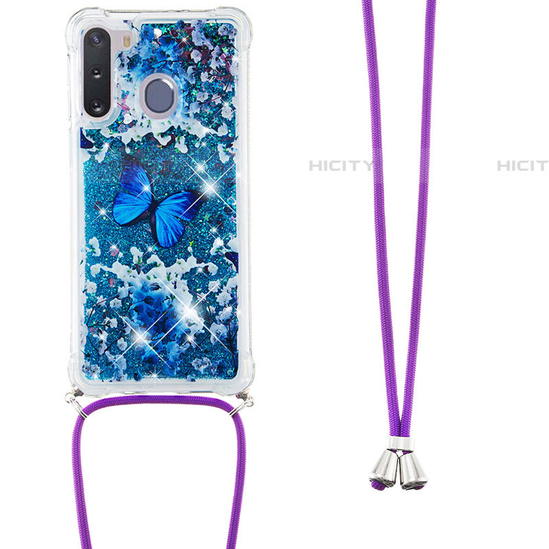 Coque Silicone Housse Etui Gel Bling-Bling avec Laniere Strap S02 pour Samsung Galaxy A21 European Bleu Plus