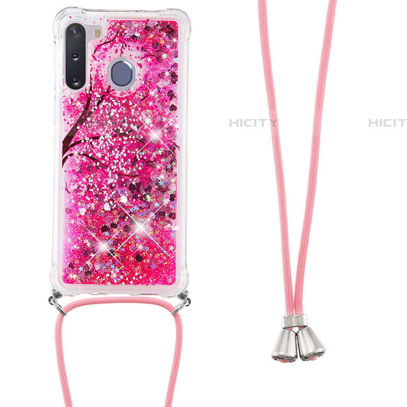 Coque Silicone Housse Etui Gel Bling-Bling avec Laniere Strap S02 pour Samsung Galaxy A21 European Rose Rouge Plus