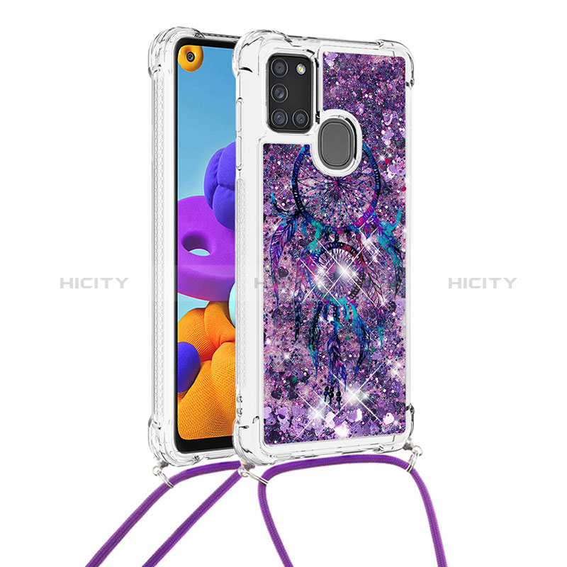 Coque Silicone Housse Etui Gel Bling-Bling avec Laniere Strap S02 pour Samsung Galaxy A21s Violet Plus