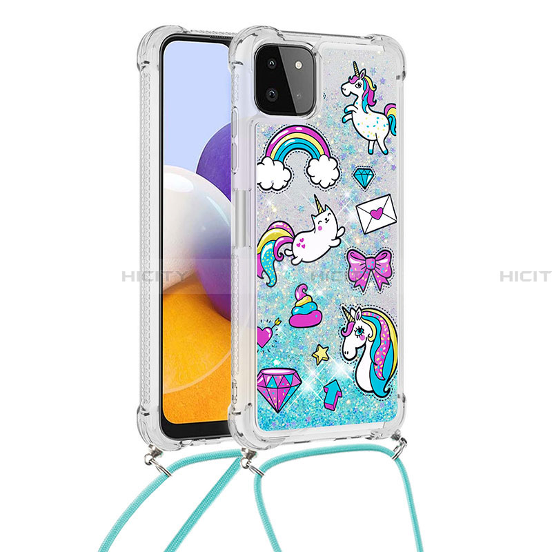 Coque Silicone Housse Etui Gel Bling-Bling avec Laniere Strap S02 pour Samsung Galaxy A22 5G Bleu Ciel Plus