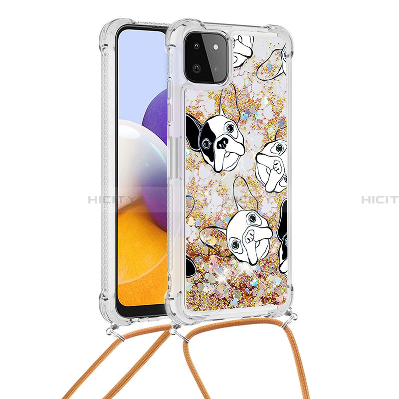 Coque Silicone Housse Etui Gel Bling-Bling avec Laniere Strap S02 pour Samsung Galaxy A22 5G Or Plus