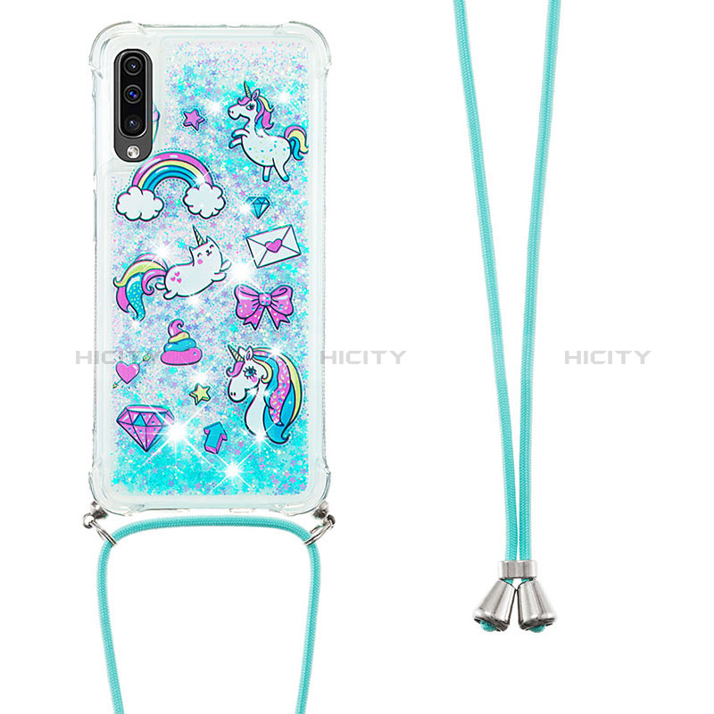 Coque Silicone Housse Etui Gel Bling-Bling avec Laniere Strap S02 pour Samsung Galaxy A30S Bleu Ciel Plus