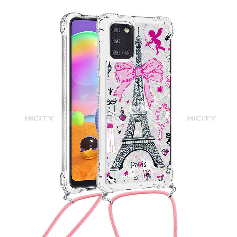 Coque Silicone Housse Etui Gel Bling-Bling avec Laniere Strap S02 pour Samsung Galaxy A31 Rose Plus