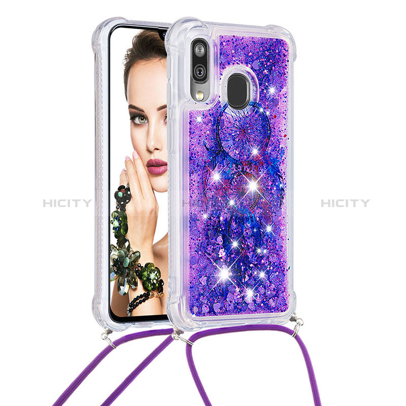 Coque Silicone Housse Etui Gel Bling-Bling avec Laniere Strap S02 pour Samsung Galaxy A40 Violet Plus