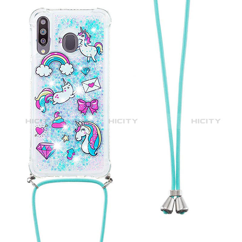 Coque Silicone Housse Etui Gel Bling-Bling avec Laniere Strap S02 pour Samsung Galaxy A40s Bleu Ciel Plus