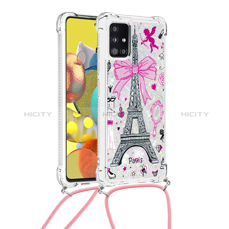 Coque Silicone Housse Etui Gel Bling-Bling avec Laniere Strap S02 pour Samsung Galaxy A51 4G Rose Plus