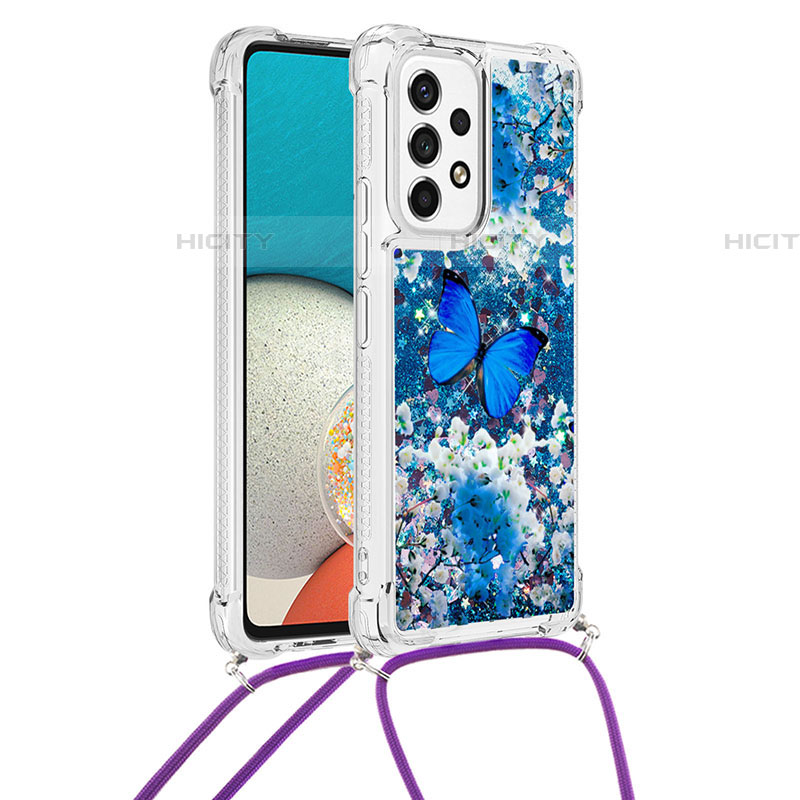 Coque Silicone Housse Etui Gel Bling-Bling avec Laniere Strap S02 pour Samsung Galaxy A53 5G Bleu Plus