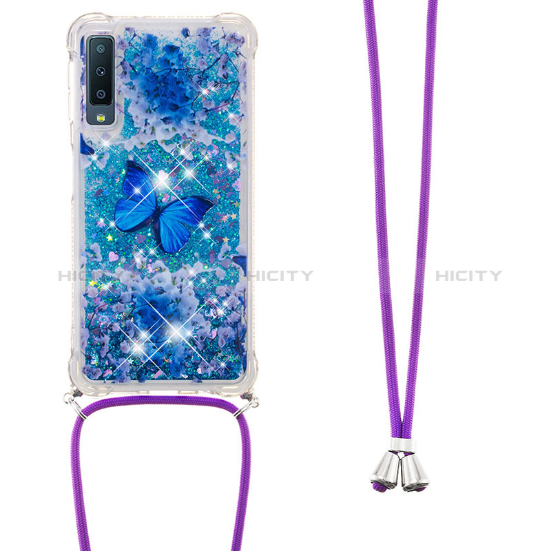 Coque Silicone Housse Etui Gel Bling-Bling avec Laniere Strap S02 pour Samsung Galaxy A7 (2018) A750 Bleu Plus