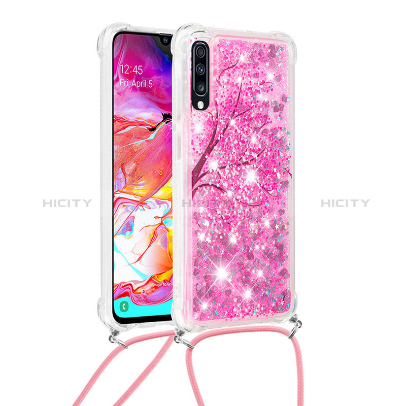 Coque Silicone Housse Etui Gel Bling-Bling avec Laniere Strap S02 pour Samsung Galaxy A70 Rose Rouge Plus