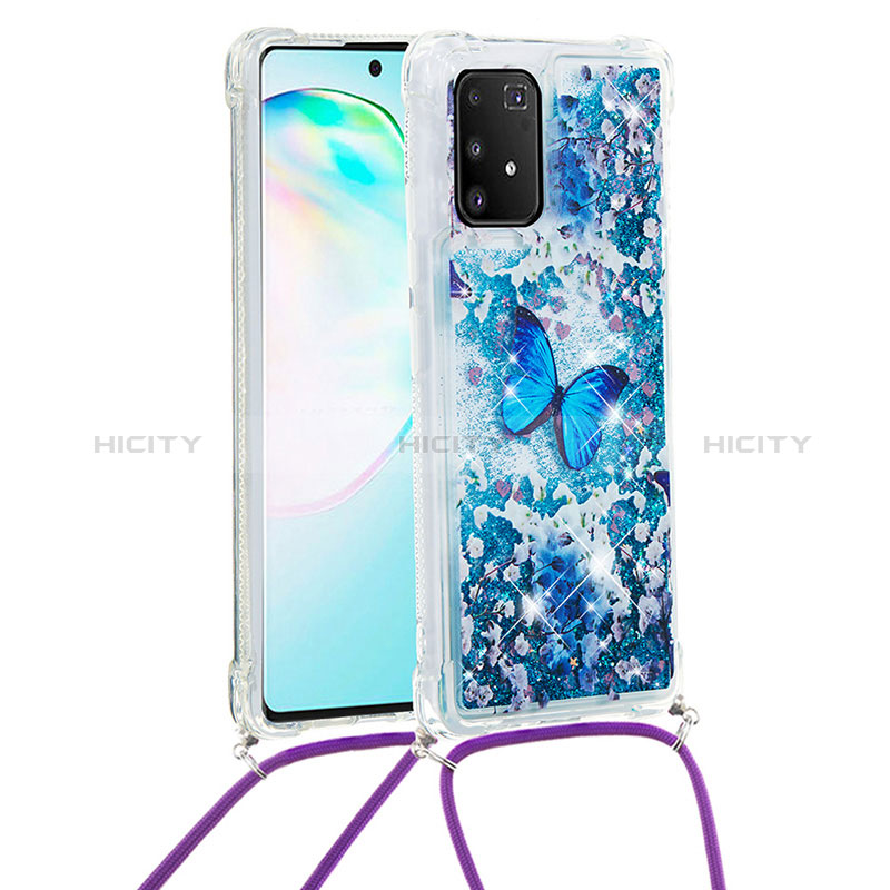 Coque Silicone Housse Etui Gel Bling-Bling avec Laniere Strap S02 pour Samsung Galaxy A91 Bleu Plus