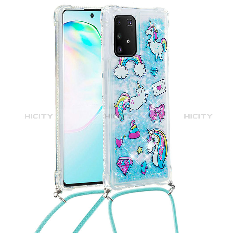 Coque Silicone Housse Etui Gel Bling-Bling avec Laniere Strap S02 pour Samsung Galaxy A91 Bleu Ciel Plus