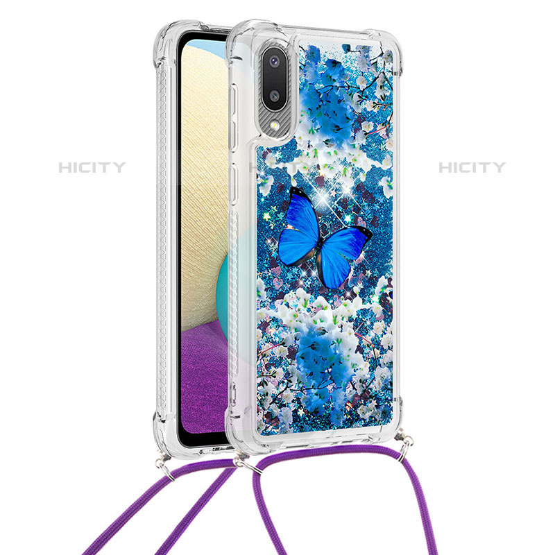 Coque Silicone Housse Etui Gel Bling-Bling avec Laniere Strap S02 pour Samsung Galaxy M02 Bleu Plus