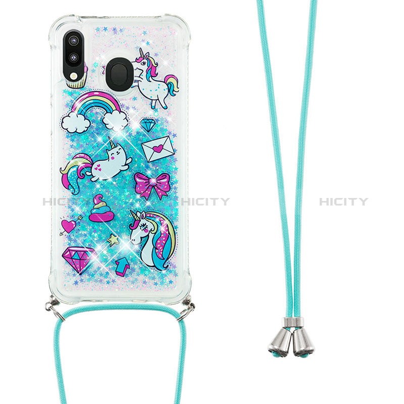 Coque Silicone Housse Etui Gel Bling-Bling avec Laniere Strap S02 pour Samsung Galaxy M20 Bleu Ciel Plus