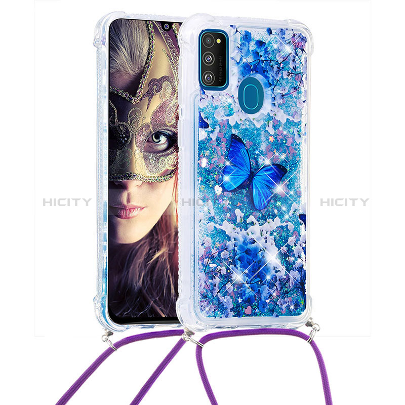 Coque Silicone Housse Etui Gel Bling-Bling avec Laniere Strap S02 pour Samsung Galaxy M21 Bleu Plus