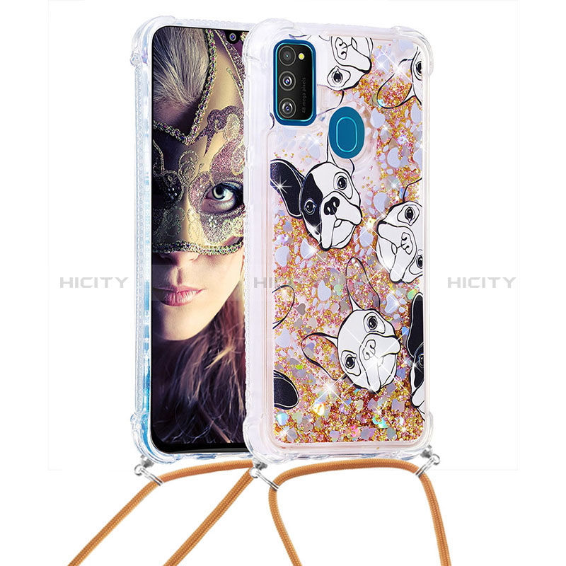 Coque Silicone Housse Etui Gel Bling-Bling avec Laniere Strap S02 pour Samsung Galaxy M21 Or Plus