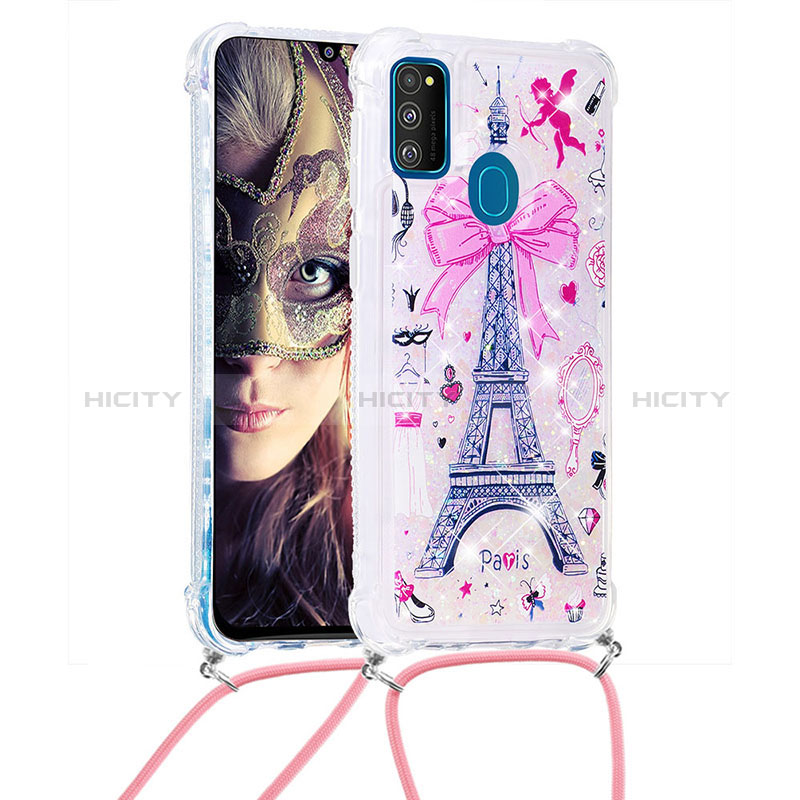 Coque Silicone Housse Etui Gel Bling-Bling avec Laniere Strap S02 pour Samsung Galaxy M21 Rose Plus