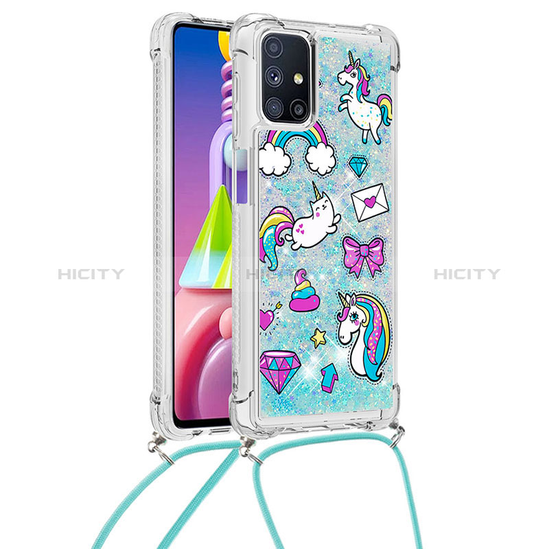 Coque Silicone Housse Etui Gel Bling-Bling avec Laniere Strap S02 pour Samsung Galaxy M51 Bleu Ciel Plus