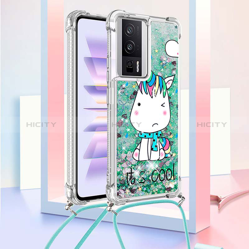 Coque Silicone Housse Etui Gel Bling-Bling avec Laniere Strap S02 pour Xiaomi Poco F5 Pro 5G Vert Plus