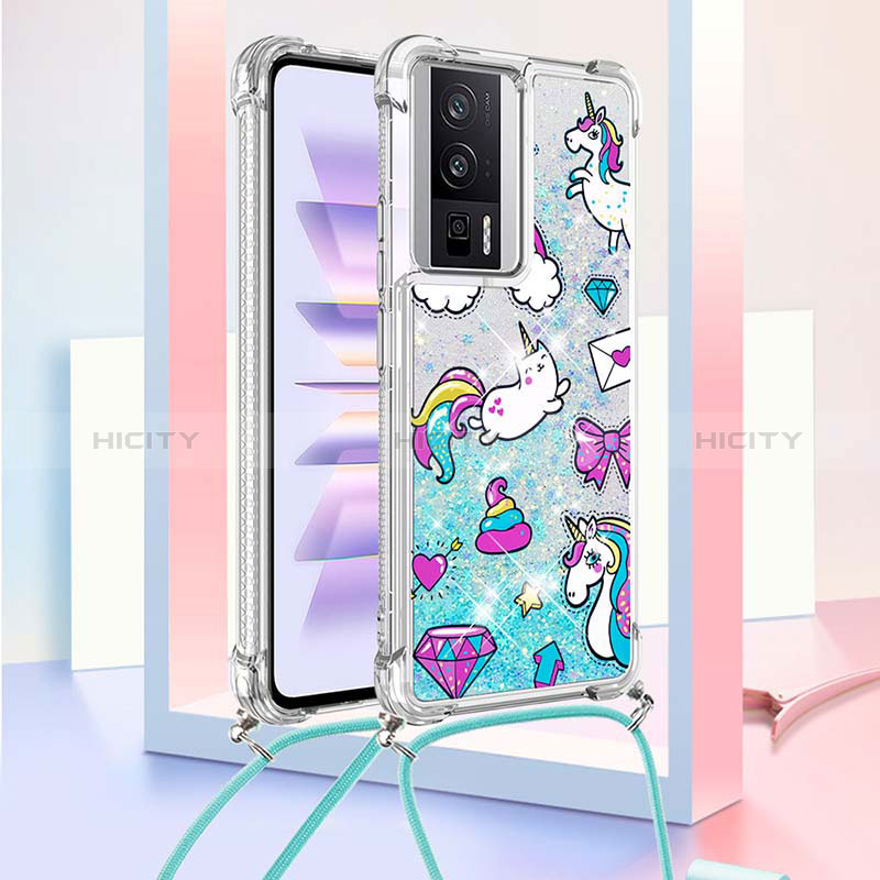 Coque Silicone Housse Etui Gel Bling-Bling avec Laniere Strap S02 pour Xiaomi Redmi K60 5G Bleu Ciel Plus