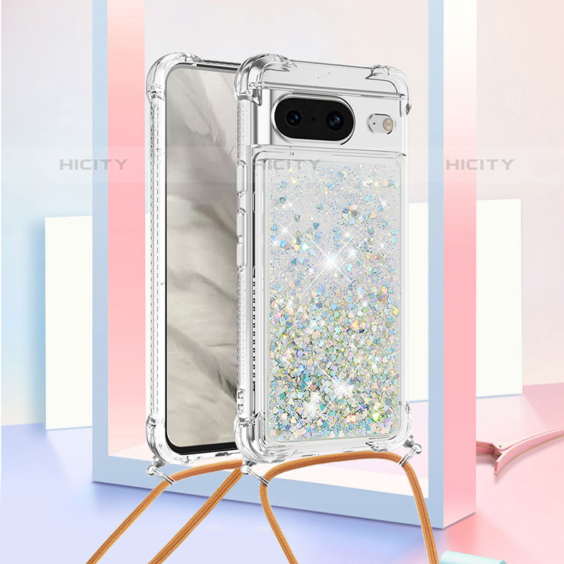 Coque Silicone Housse Etui Gel Bling-Bling avec Laniere Strap S03 pour Google Pixel 8 5G Argent Plus