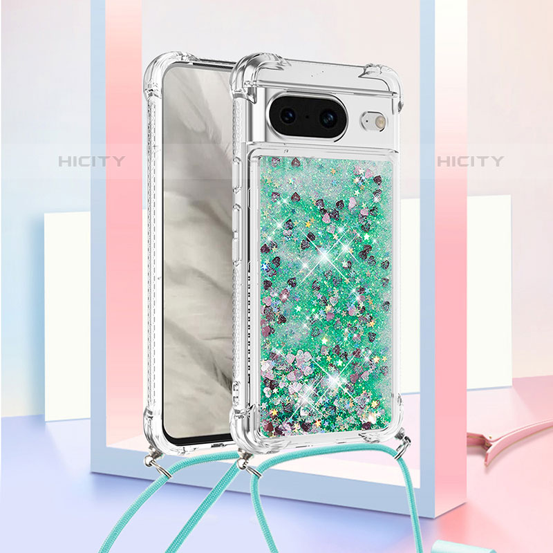 Coque Silicone Housse Etui Gel Bling-Bling avec Laniere Strap S03 pour Google Pixel 8 5G Vert Plus