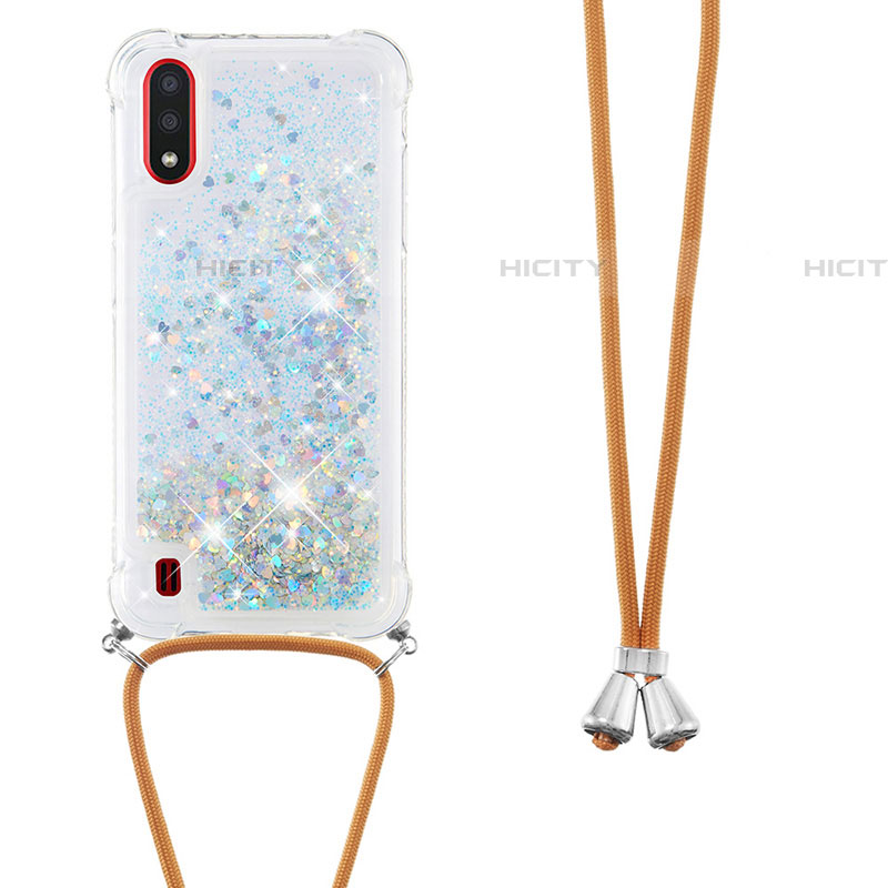 Coque Silicone Housse Etui Gel Bling-Bling avec Laniere Strap S03 pour Samsung Galaxy A01 SM-A015 Argent Plus