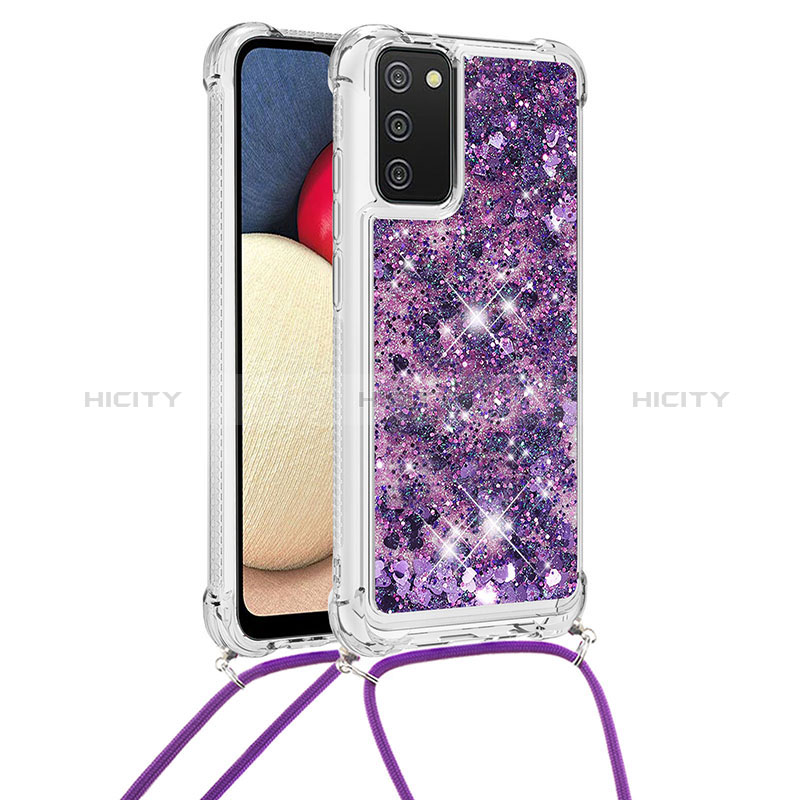 Coque Silicone Housse Etui Gel Bling-Bling avec Laniere Strap S03 pour Samsung Galaxy A02s Violet Plus