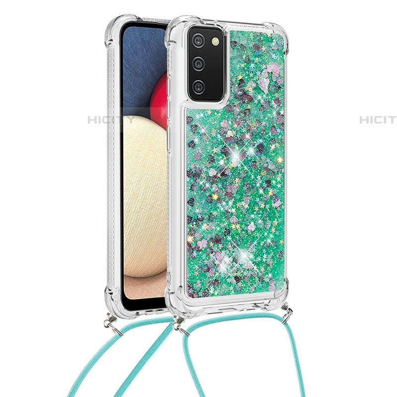 Coque Silicone Housse Etui Gel Bling-Bling avec Laniere Strap S03 pour Samsung Galaxy A03s Vert Plus