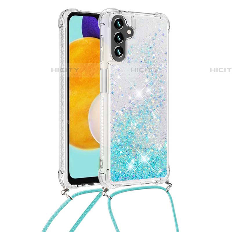 Coque Silicone Housse Etui Gel Bling-Bling avec Laniere Strap S03 pour Samsung Galaxy A04s Bleu Ciel Plus