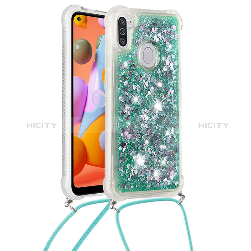 Coque Silicone Housse Etui Gel Bling-Bling avec Laniere Strap S03 pour Samsung Galaxy A11 Vert Plus