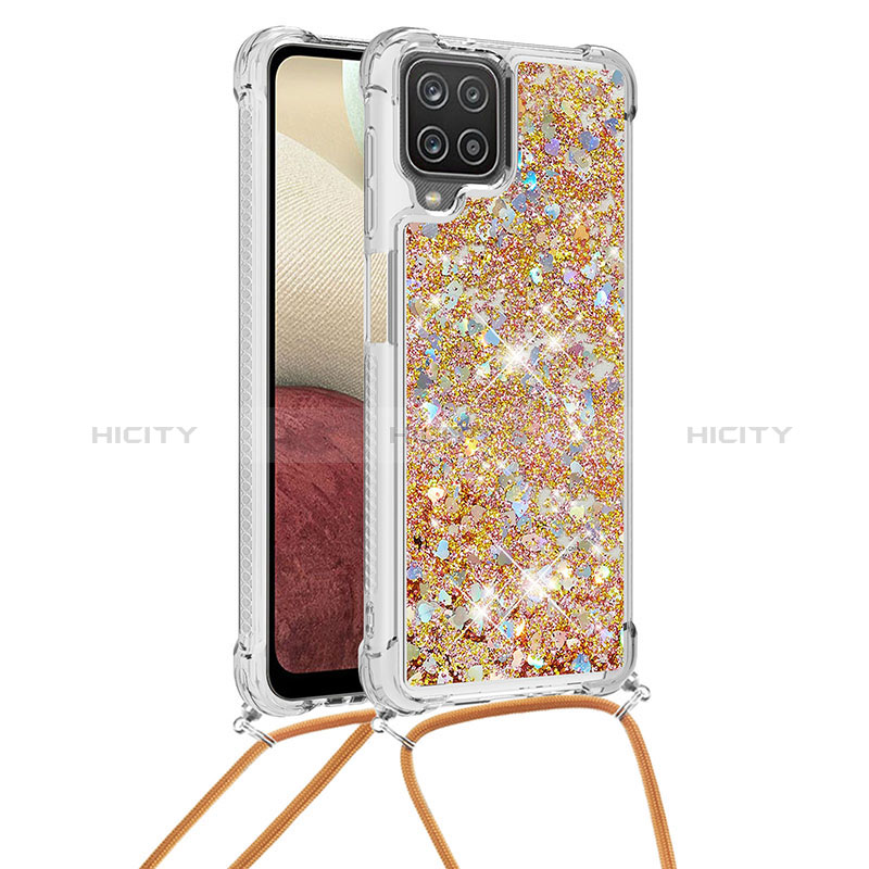 Coque Silicone Housse Etui Gel Bling-Bling avec Laniere Strap S03 pour Samsung Galaxy A12 Nacho Or Plus