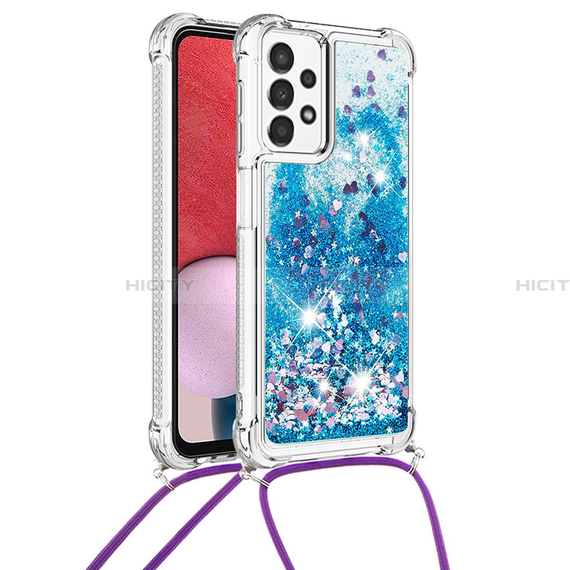 Coque Silicone Housse Etui Gel Bling-Bling avec Laniere Strap S03 pour Samsung Galaxy A13 4G Bleu Plus