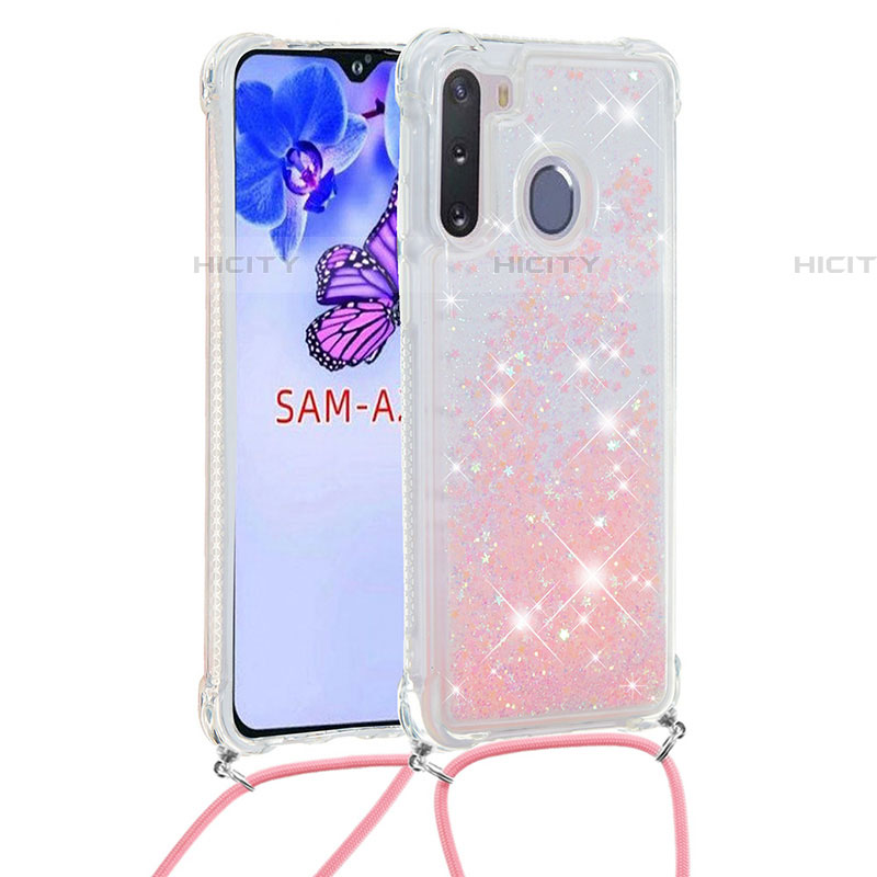 Coque Silicone Housse Etui Gel Bling-Bling avec Laniere Strap S03 pour Samsung Galaxy A21 European Rose Plus