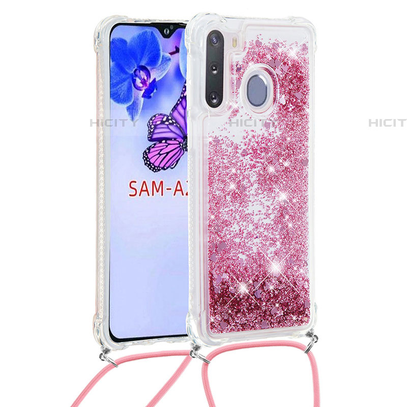 Coque Silicone Housse Etui Gel Bling-Bling avec Laniere Strap S03 pour Samsung Galaxy A21 European Rouge Plus