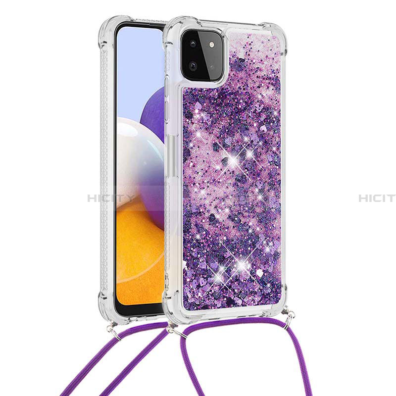 Coque Silicone Housse Etui Gel Bling-Bling avec Laniere Strap S03 pour Samsung Galaxy A22 5G Violet Plus