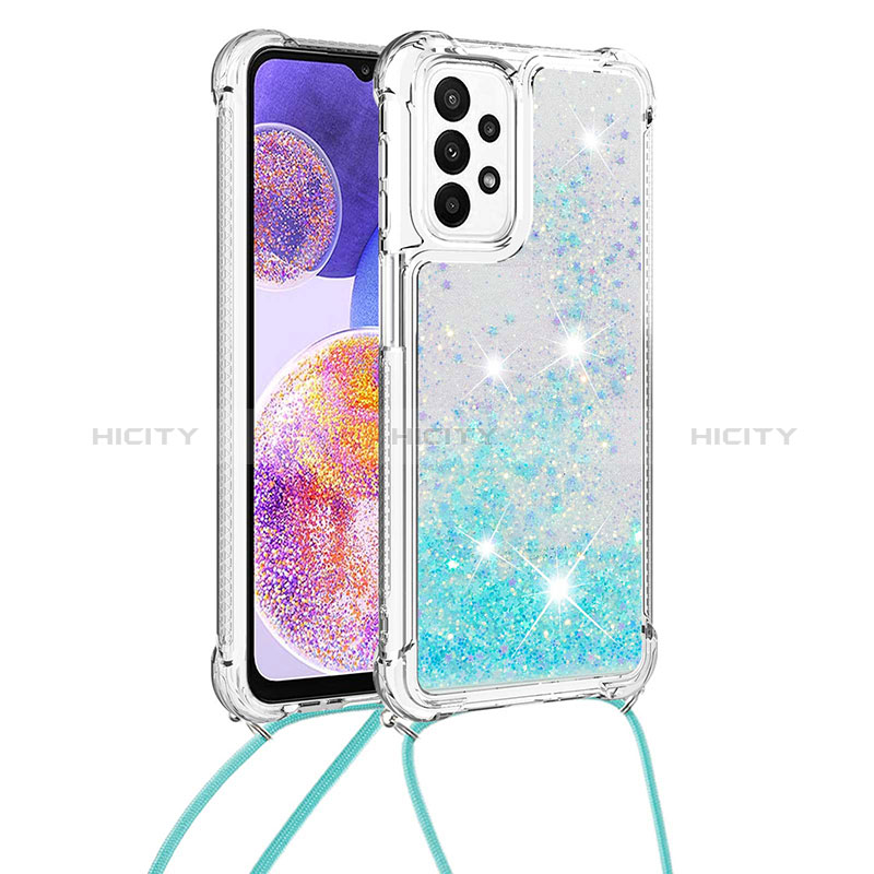 Coque Silicone Housse Etui Gel Bling-Bling avec Laniere Strap S03 pour Samsung Galaxy A23 5G Bleu Ciel Plus